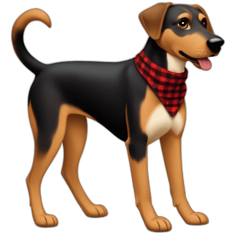 adult 75% Coonhound 25% German Shepherd mix dog with visible tail wearing small pointed red buffalo plaid bandana full body walking left quickly emoji