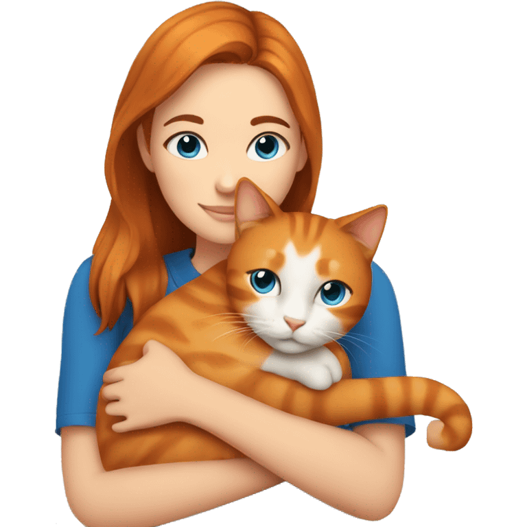 Young women with brown hair and blue eyes hugging an orange cat emoji