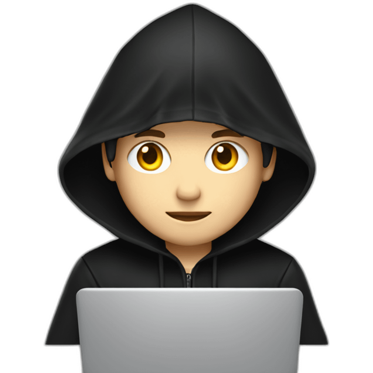 Young white developer with a black hood behind his laptop on a desktop emoji