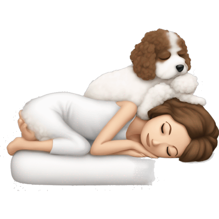 White girl brown hair sleeping with Mini Bichon emoji