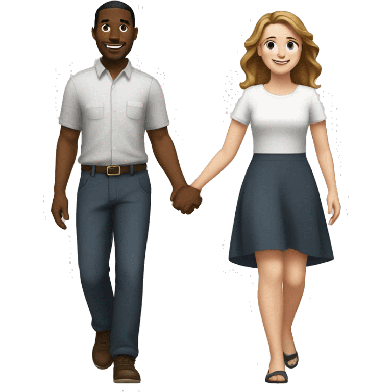 A black man  with medium hair and a white woman with  brown hair holding hands and walking side by side, smiling and enjoying their time together emoji