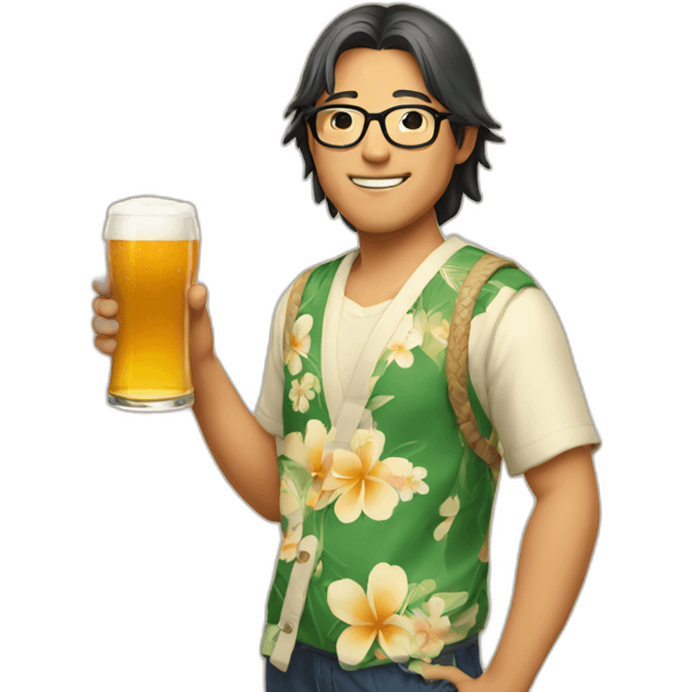 Japanese wearing roundglasses alohashirt is holding beer emoji