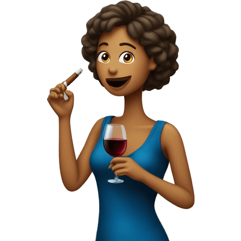 Una chica riéndose mucho con un cigarro y un vino emoji