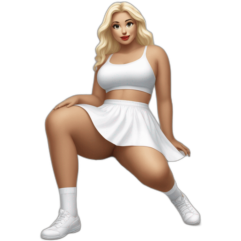 hyperrealistic-full-body-caucasian-curvy-beauty-sitting on the ground-small white-skirt-white knickers white socks emoji