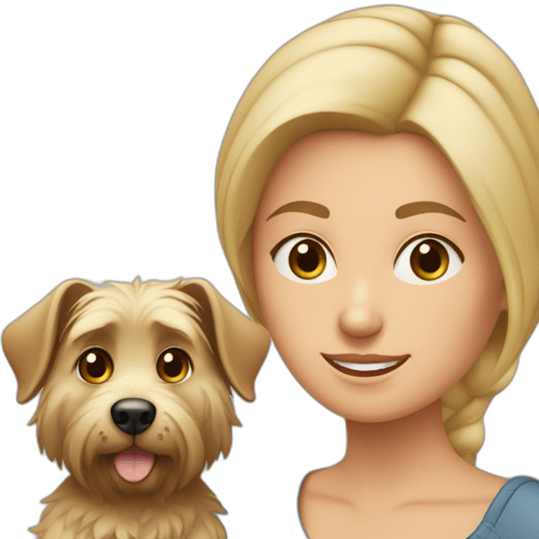 mujer rubia de pelo corto con su perro ratón de Praga emoji