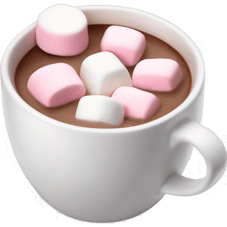 Hot chocolate in a white mug with pink and white marshmallows  emoji