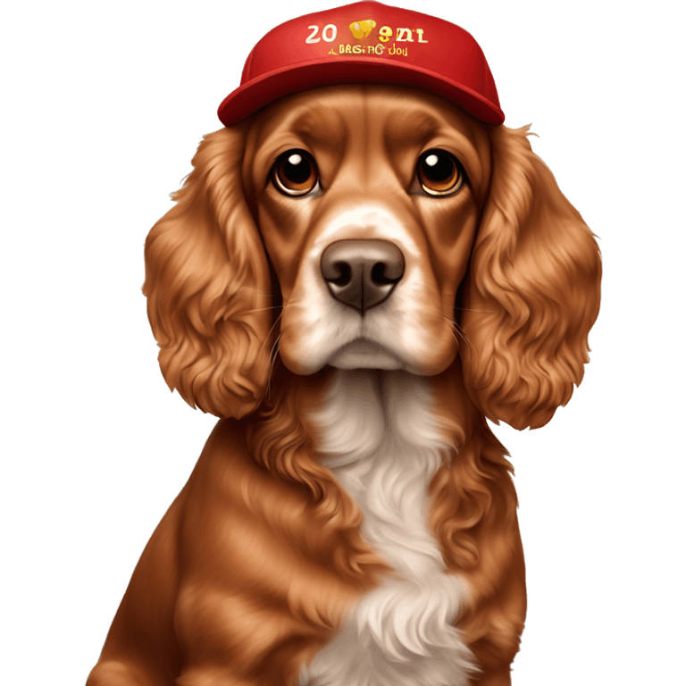 A full-length, adult, red cocker spaniel in a New Year's cap, siting emoji