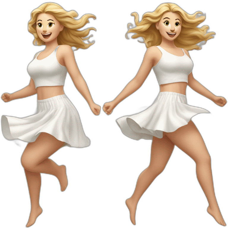 Hyperrealistic Full body Caucasian curvy beauty jumping white skirt back and front views strong wind emoji