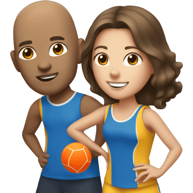 1 tall bald male, 1 shorter brown hair male, 1 girl with long brown hair, 1 girl  with brown hair all playing pickleball emoji