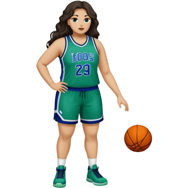 Full Body light skin Latino plus size women basketball player with long wavy dark hair  wearing blue and green uniform emoji