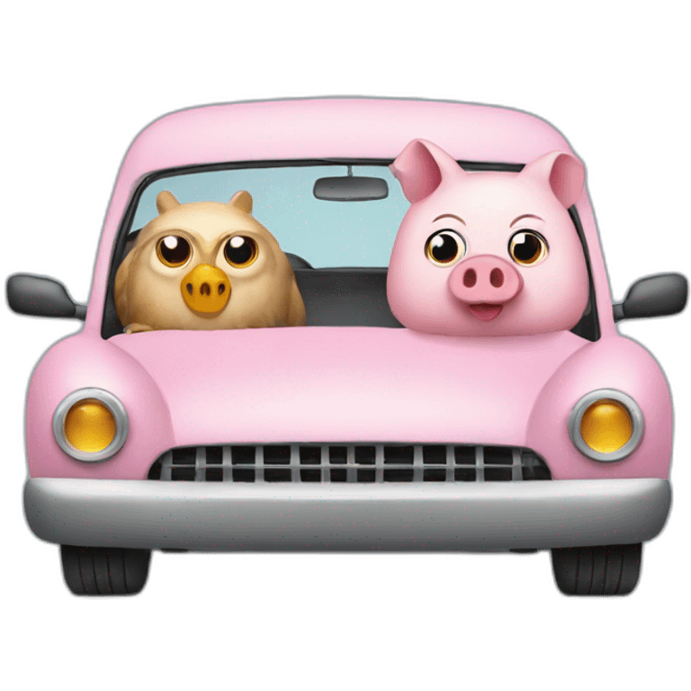 Owl and pig in car emoji