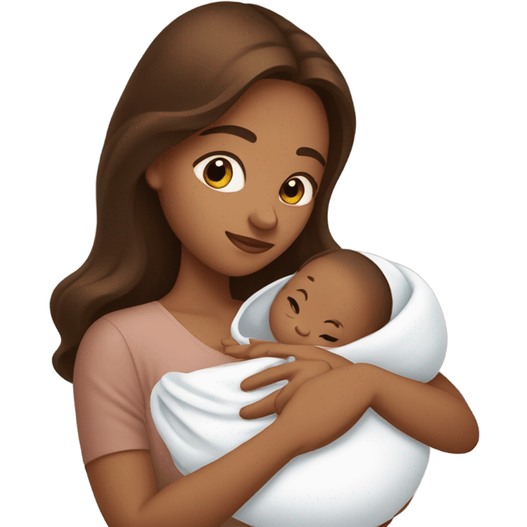 woman with hazel eyes and long brown hair holding newborn baby in arms emoji