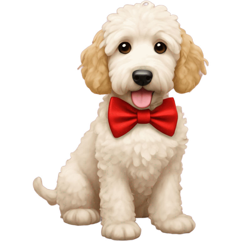 Golden doodle wearing Christmas bow tie emoji