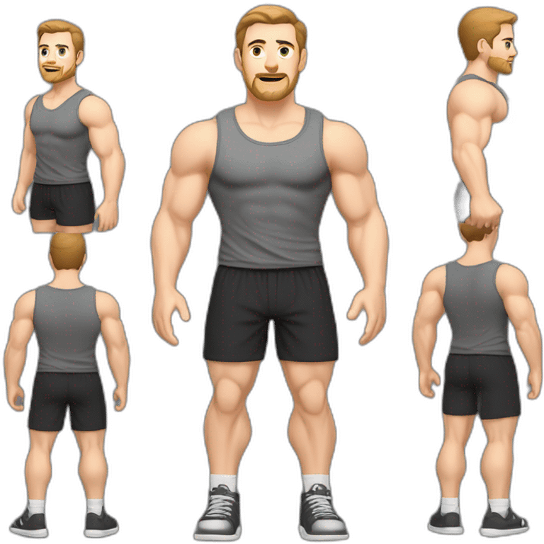 Full height Pale skinned muscular man With Realistic eyes and mouth, light brown hair and stubble In dark gray sleeveless mike, black oversize sports shorts, watch and white sneakers. emoji