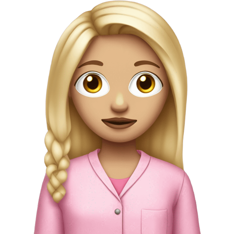 blonde girl medium length hair straight hair hazel eyes pouty lips button nose and white girl with a face mask on and pink pijamas  emoji