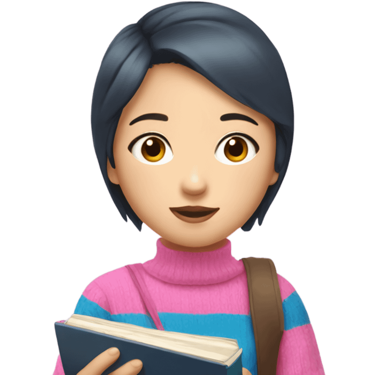 A Short hair asian girl with blue pink stripe knit is studying emoji