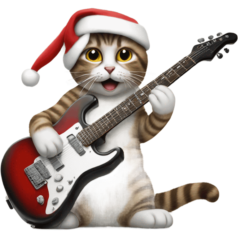 Cat playing electric guitar wearing a Santa hat emoji