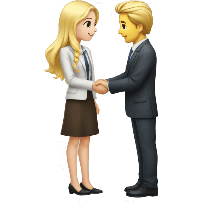 A 40-year-old fair-skinned businessman shakes hands with an 18-year-old fair-skinned blonde girl, full-length emoji, high details emoji