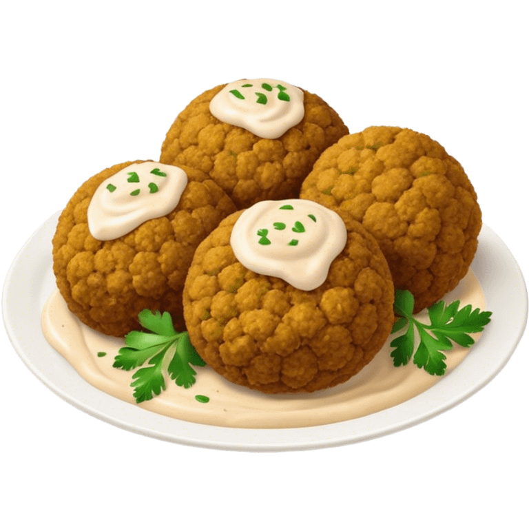 Cinematic Realistic Falafel Dish Emoji, depicted as crispy, golden falafel balls served with tahini sauce rendered with lifelike textures and vibrant, appetizing lighting. emoji