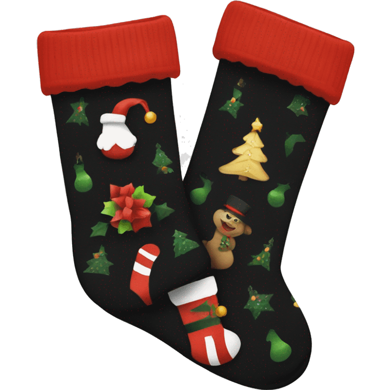 a pair of black socks adorned with a christmas pattern emoji