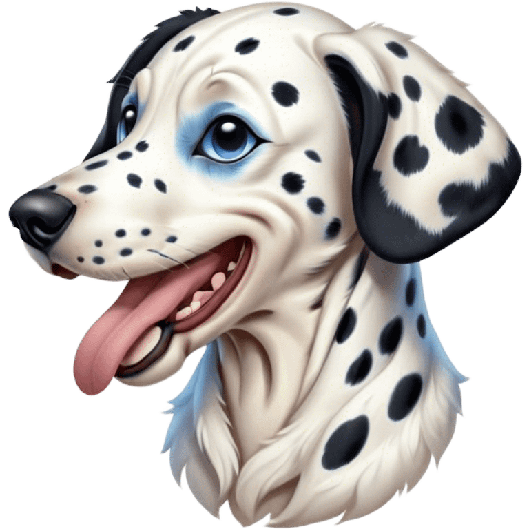 Cinematic Cute Yawning Spotted Dalmatian Portrait Emoji, Head tilted slightly with a dramatic, wide-open yawn, showcasing a smooth Fur of predominantly white with bold black patches, floppy ears slightly drooping, round blue eyes barely open in drowsy contentment, Simplified yet irresistibly adorable features, highly detailed, glowing with a soft, cozy glow, high shine, relaxed yet expressive, stylized with a touch of whimsy, bright and endearing, soft glowing outline, capturing the essence of a sleepy yet affectionate guardian, so drowsy it feels like it could stretch out of the screen and curl up for a nap! emoji