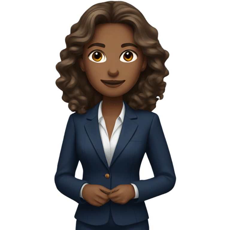 beautiful business woman with brown, long, wavy hair wearing a navy blue suit emoji