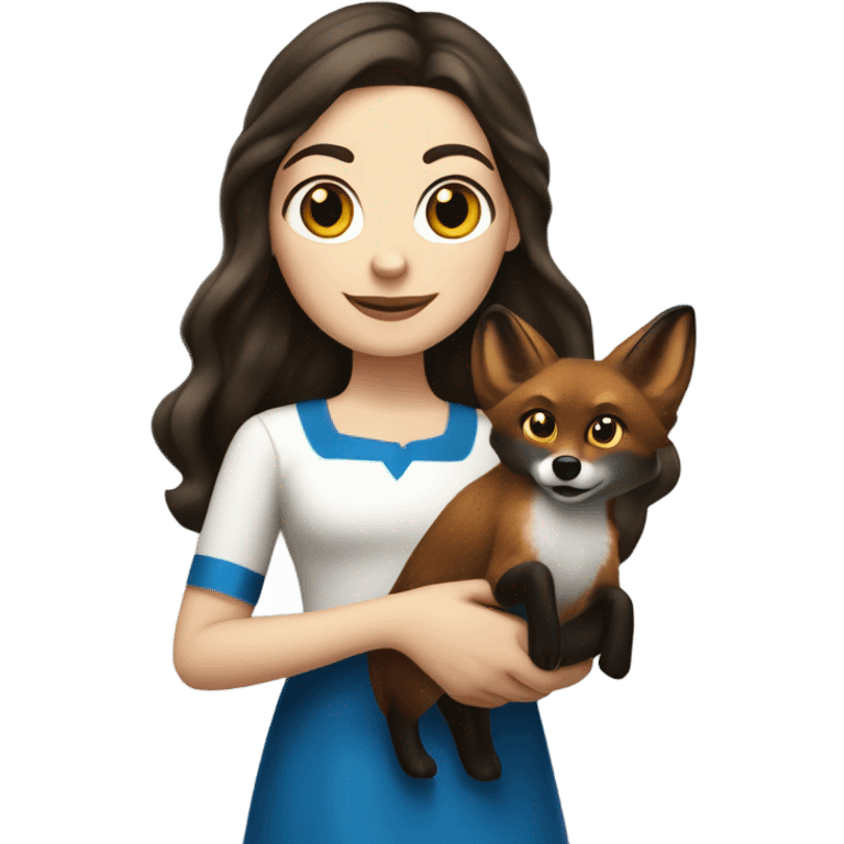 White girl in a dress for Hanukkah with long wavier dark brown hair holding a menorah with her red fox lookalike dog  emoji