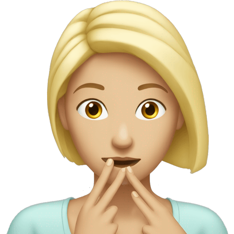 Blond woman with hand touching her nose emoji