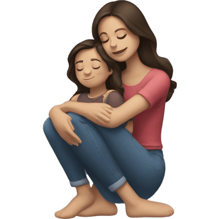 A brunette in her 20s hugging a child version of herself with closed eyes and sitting on her knees emoji