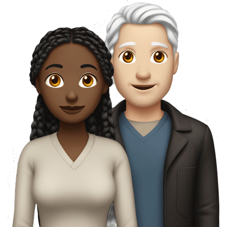 Woman and man couple, in their 40's, woman is medium dark black complexion, her hair is long black twisted braids, man is white skinned white male with reddish hair that's medium length emoji