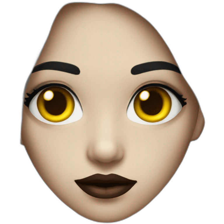  similar to human with red skin, black long hair, yellow eyes (black white of the eye), in black lather dress, black lips emoji