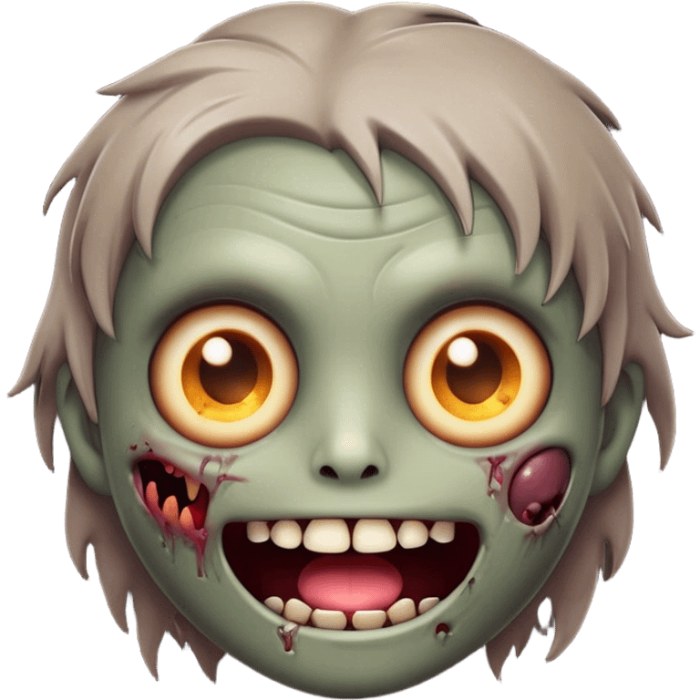 Cinematic Cute Zombie Portrait Emoji, with a delightfully quirky, slightly disheveled face in muted ashen hues, featuring quirky bright eyes and a playful, stitched-together smile, simplified yet irresistibly charming, highly detailed with a soft glowing outline that captures the adorable, offbeat spirit of a zombie who’s more cute than creepy! emoji