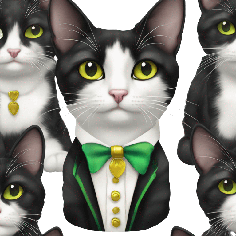 Cute black and white harlequin patterned tuxedo cat with yellow green eyes emoji