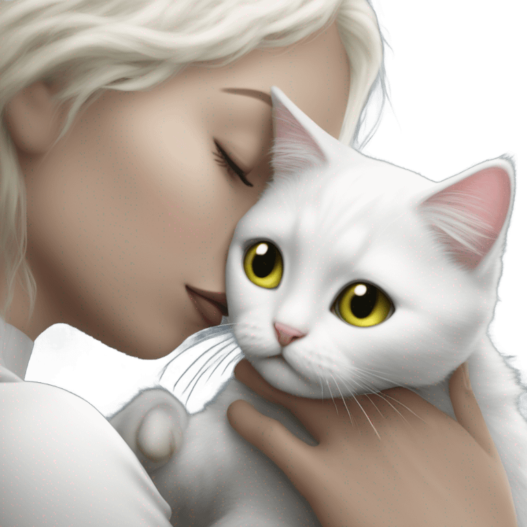 Photo realistic, alien female, kissing and embracing white cat, emoji