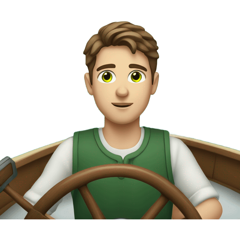 Young man with brown hair green eyes driving a boat emoji