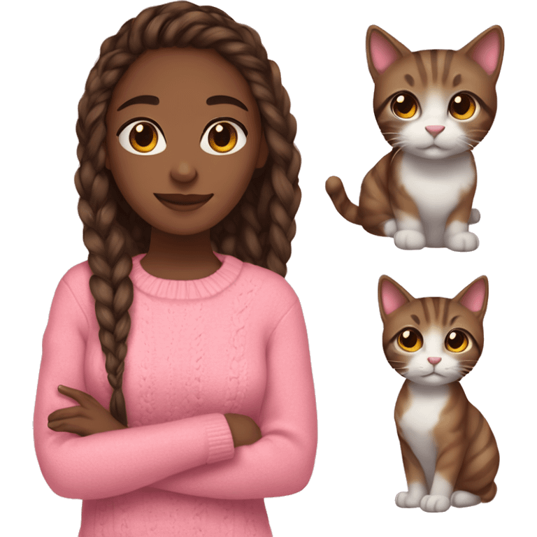 Brown hair girl, braids, brown eyes, pink sweater, headphones, clear glass, brown skin, and cat in hands emoji