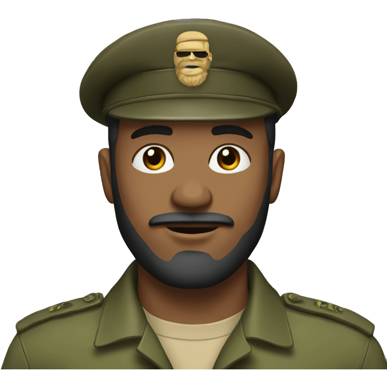 Man with side part hair on forehead, army hat and beard under nose emoji