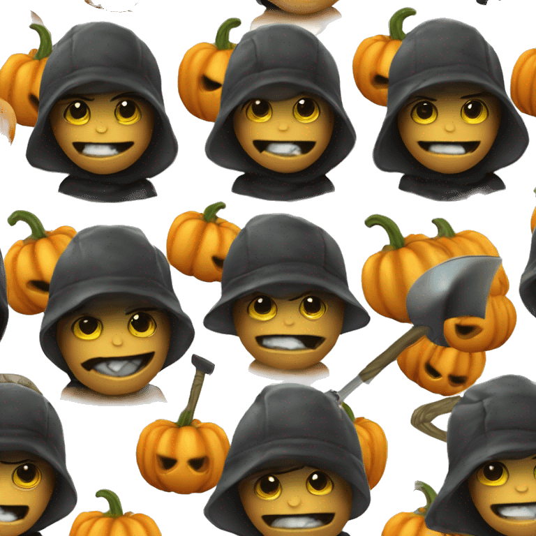 Human female pumpkin hunter with a scythe, glowing pumpkin eyes inside a black helmet, Halloween theme, emoji" emoji