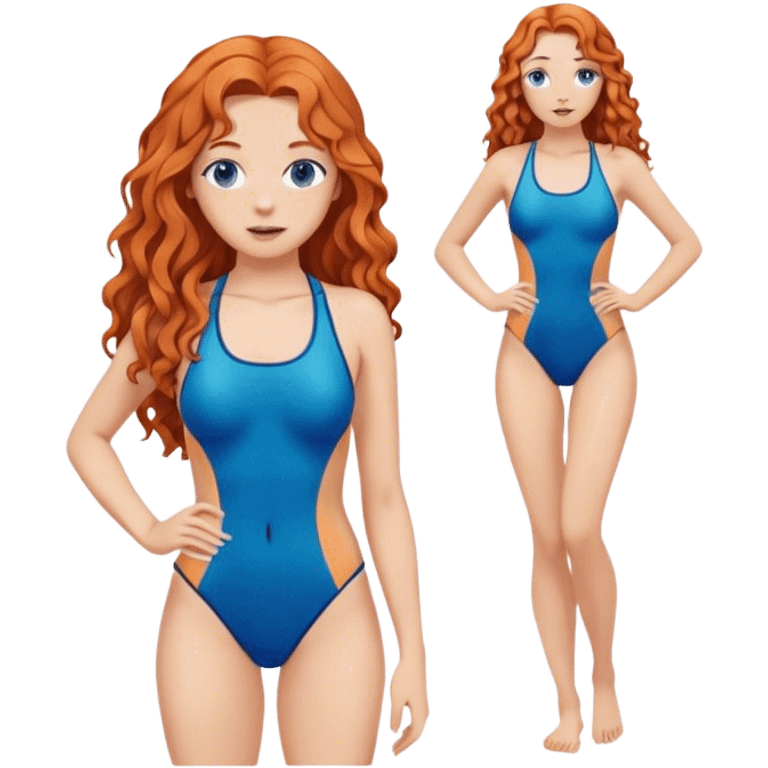 hot woman in blue swimming suit blond skin copper long semi  curly  hair full body  emoji