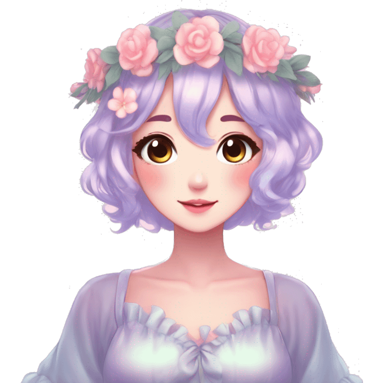 Shiny Gorgeous Pastel Anime Lady with blushing face and pretty hair with a flower crown pastelcore kawaii cottagecore fairycore aesthetic trending style emoji