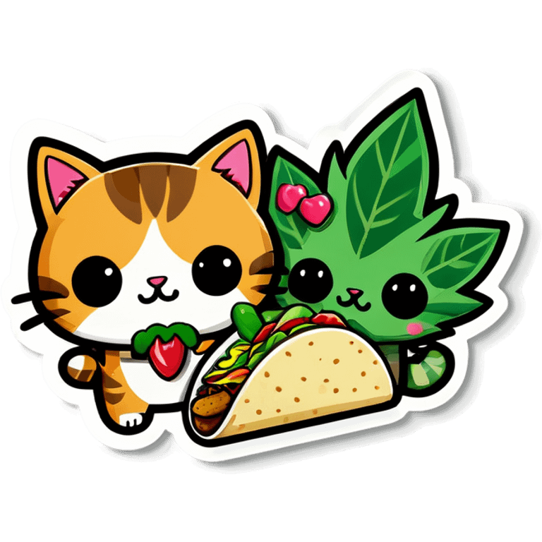 Kawaii Marijuana leaf and kittens eating tacos kawaii style  emoji