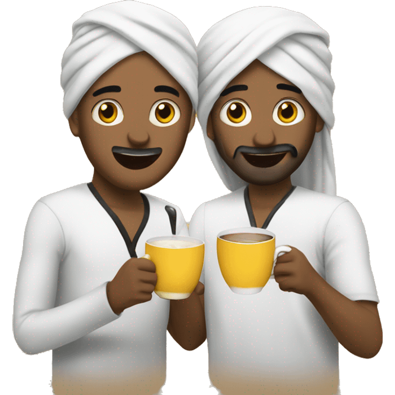 2 friends drinking a cup of tee and enjoing it make them look arabic emoji