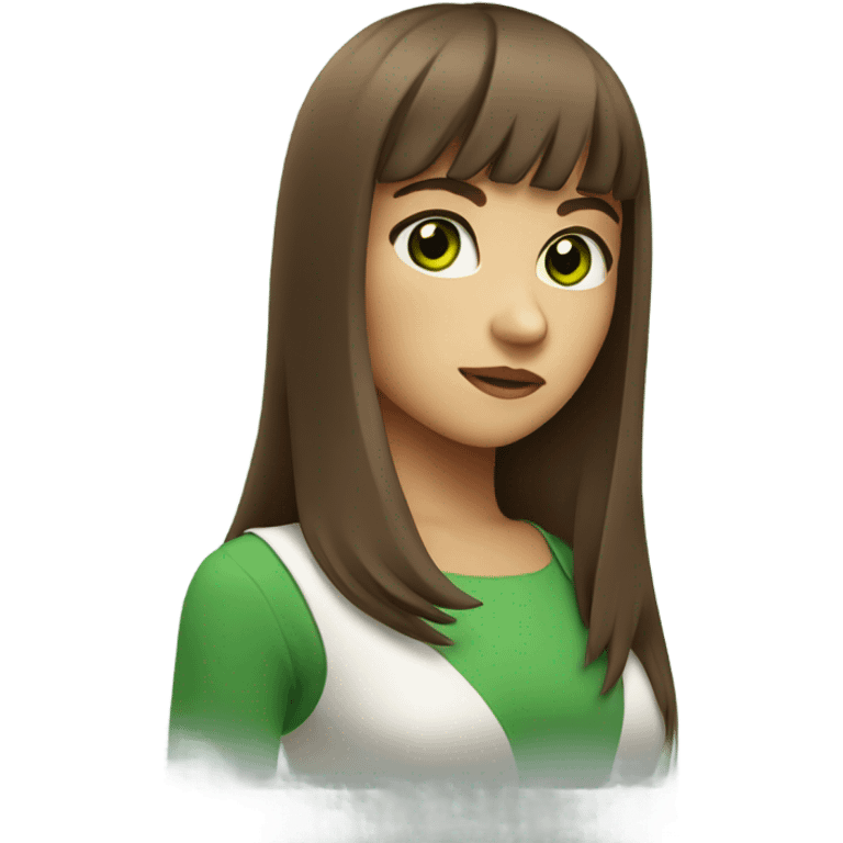 Woman Long brown hair with bangs and green Eyes - in a cute pose emoji