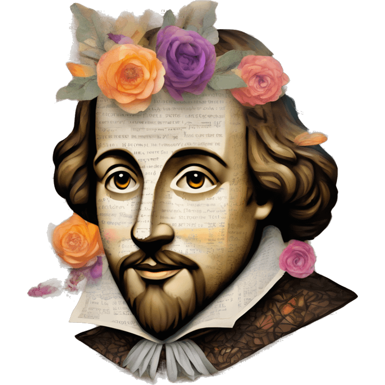 Shakespeare made of newspaper cuttings wearing flowers, stained glass, fairy lights, bokeh, annotated sketch, handwritten letters, collage of intricate patterns, lantern, bokeh, blur emoji