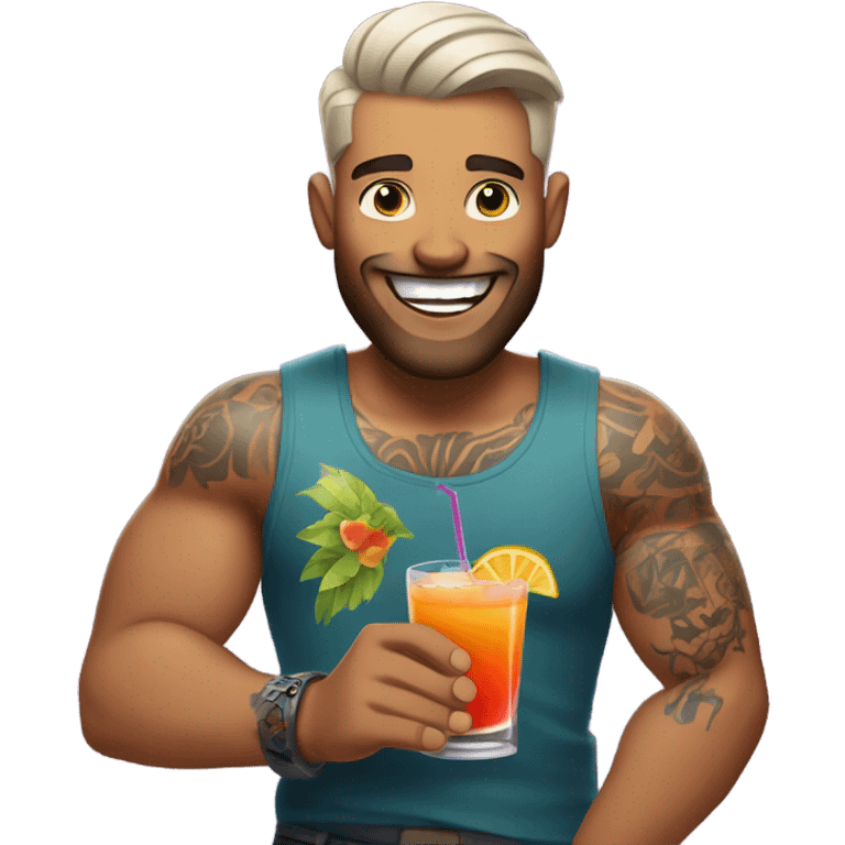 A guy with tattoo arms holding two cocktails for happy hour celebration  emoji