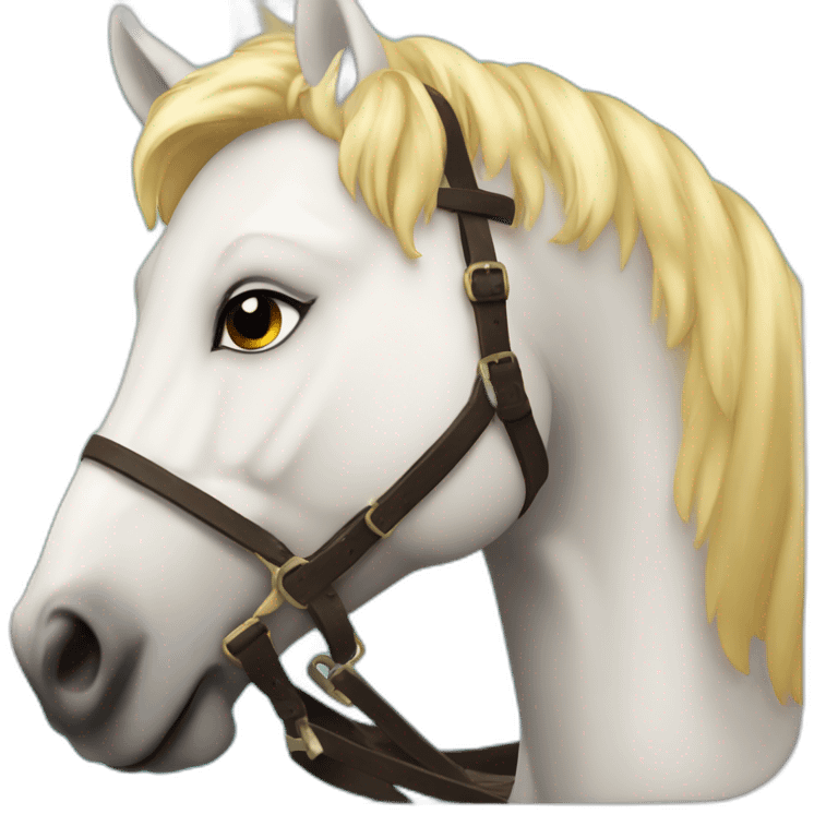 Une fille blonde sur un cheval blanche qui a une corne et des ailes  emoji