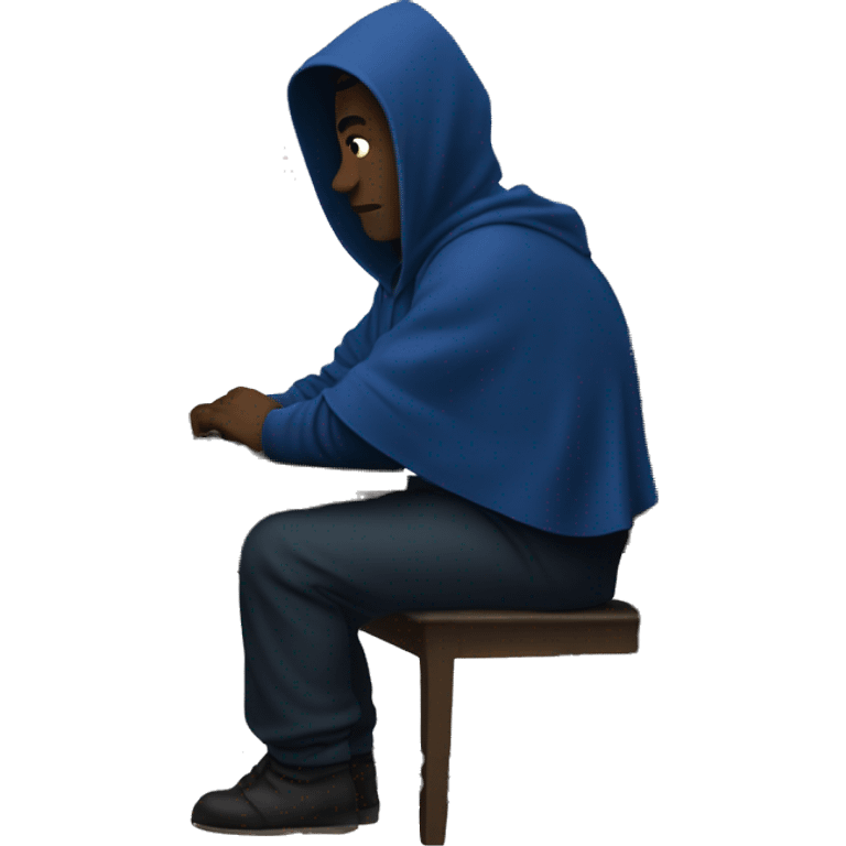 A man in a dark blue hoodie with a capelet on his head, his face not visible in the shadows, is sitting at a computer. emoji