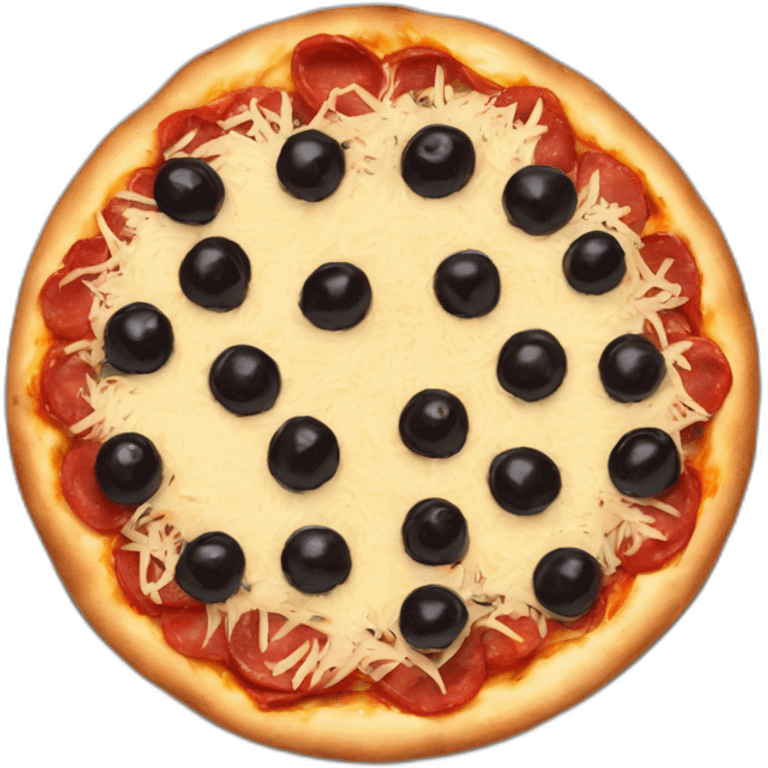 a single round pizza with black olives and shredded beef topping emoji