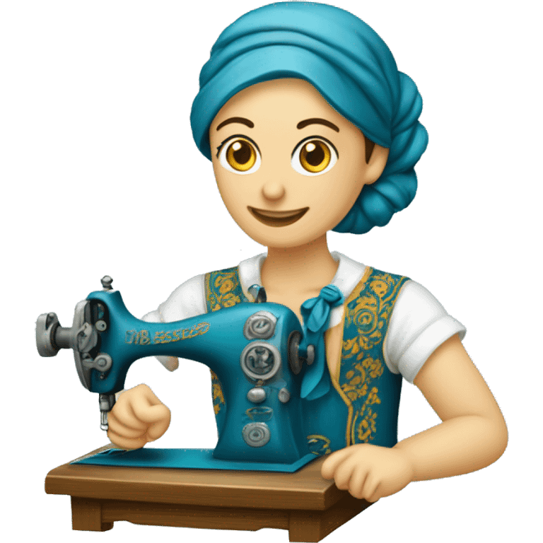 Senhora costureira com máquina de costura antiga azul turquesa  emoji