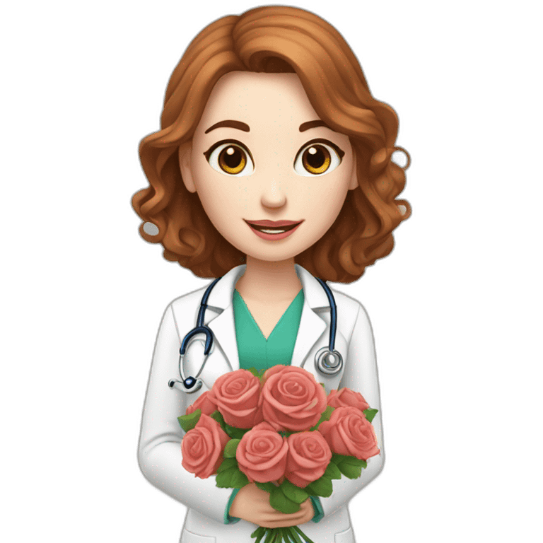 Pale skin doctor girl, chestnut hair, with a bouquet of roses emoji